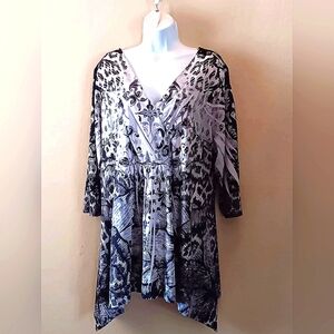 Boho Flowy Tunic Top Surplice Lace 2X Black White Business Casual Plus